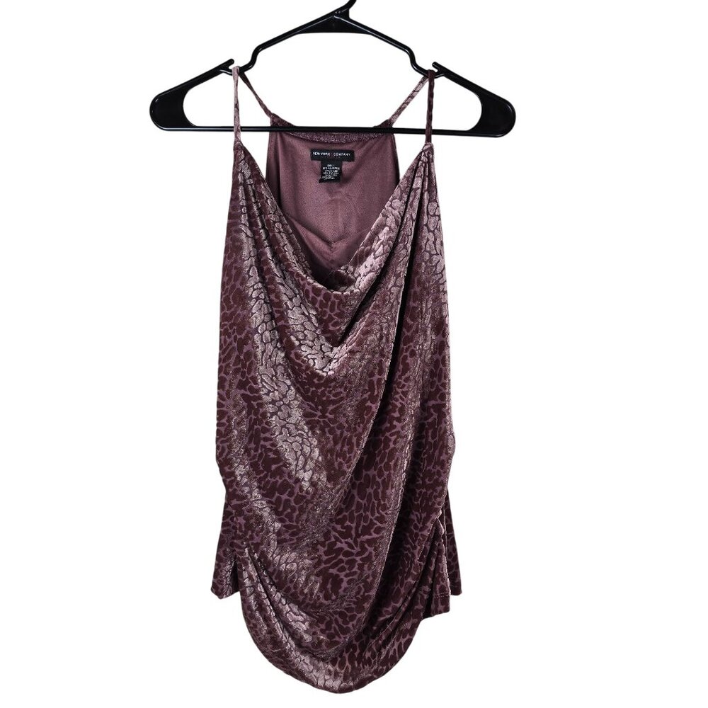 Y2K New York & Company Stretch Purple Velvet Animal Print Cowl Neck Sleeveless T